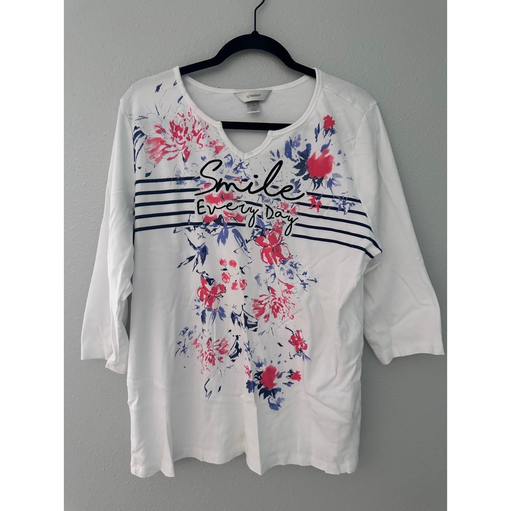 CJ Banks Women 1X White Floral Smile Every Day Rhinestone 3/4 Sleeve Top-Fair